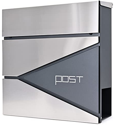 Verda Briefkasten mit Zeitungsfach, Postkasten Designer Wandbriefkasten mit Edelstahl, Silber, Schloss unter dem Deckel versteckt, 2X Schlüssel Zeitungsrolle, modern, Post (SN3694-1)