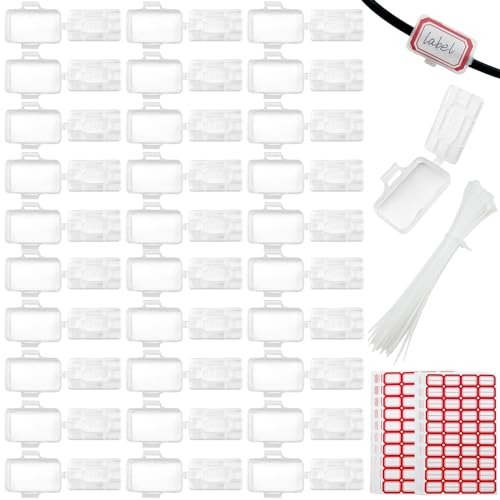 xianzhanEU 50 Stück Kabel beschriftung Set, Kabelbinder Weiß, Kabelbeschriftung Clip, Wird mit Kabelbinder und Etiketten Geliefert, Zur Kennzeichnung Von Kabeln Aller Art