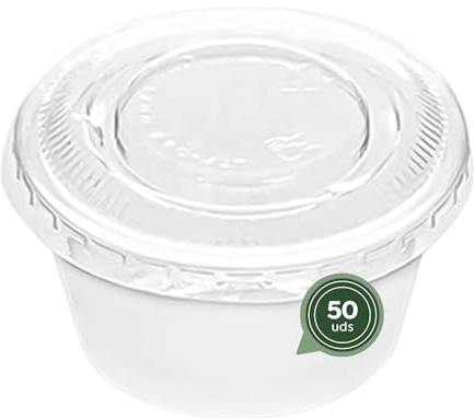 MAXI PRODUCTS - 50 Salseras Blancas con Tapa Transparente - Botes de Plástico Reutilizables con Tapa para Salsas - Tarrinas Transparentes 100 cc - Envases para Salsas - EXTRA RESISTENTES