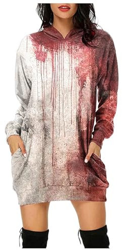 Problem Gelöst Halloween Hoodie Damen Kapuzenpullover mit Blutig Bedruckt Blood Langarm Tshirt Kleid mit Kapuze Kapuzenpulli Blut Verletzung Horror Pullover mit Taschen Blutspritzer Muster Oberteil
