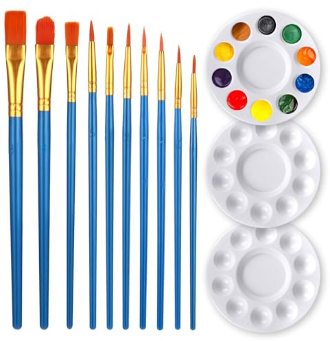 3 Stück Mischpalette Malpalette und 10 Stück Pinsel Malerei Ölfarben Brush mit Blau Holzgriffen Mischpalette Aquarellpalette Palette für Wasserfarben Acryl und Öl Malerei