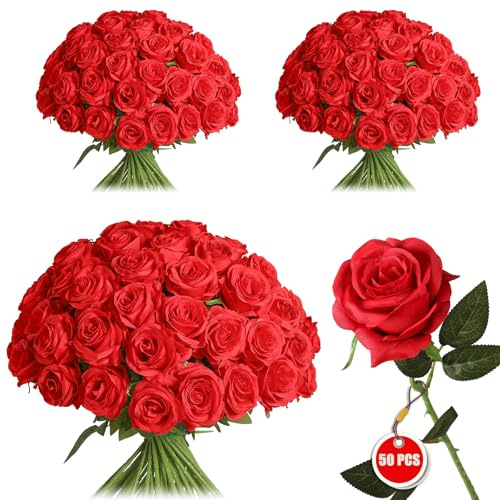 FLORRALIA 50PCS Artificial Silk Roses Flowers – Realistic Fake Roses in Bulk & Bouquet Long Stem Red Rose for Wedding Centerpieces, Home Decor, Floral Arrangements, Party Decoration (Red)