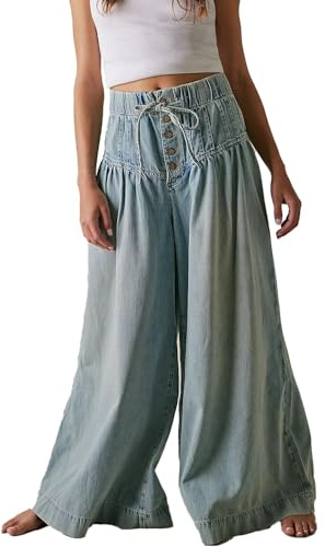 Sukany Women's Loose Wide Leg Denim Pants Midi Waist Drawstring Palazzo Jeans Button Down Flare Ruffle Pleated Denim Jeans Light Blue M