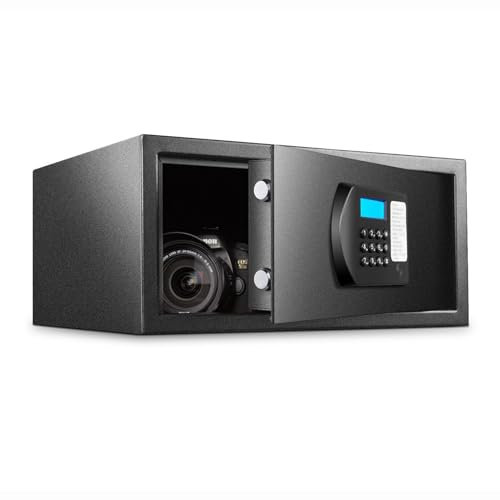 Cassetta di Sicurezza Piccola Cassaforte a Muro con Chiave Safe con Sensore LED e Presa di Corrente di Emergenza, per Hotel, Ufficio, Casa
