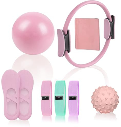 Pilates Essentials Kit for Women, Pilates Equipment, for Home Workouts with Ring and Ball Set, 3pcs Booty Bands, Yoga Bands for Stretching, Fascia Ball, Yoga Socks (Pink)