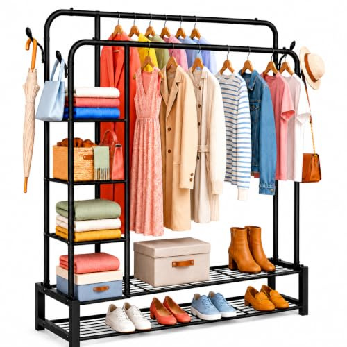 YasTant Heavy Duty Clothes Rail for Bedroom, Double Hanging Rail Metal Clothing Rail with 3 Side Shelves and 4 Coat Hooks, Freestanding Clothes Rack for Bedroom, Living Room 120kg (Black)