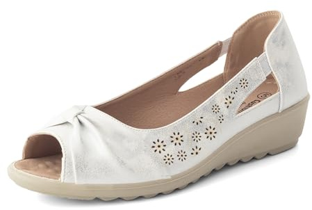 Cushion Walk Women's Extra Wide EEE Fit Dressy Sandals, Slip-On Peep Toe Low Wedge with Laser Cut Floral Pattern & Bow, Cushioned Insole Lightweight Summer Shoes (Size 5 UK, White Shimmer)