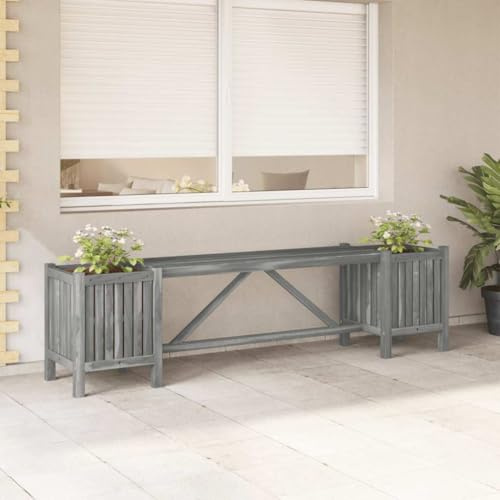 QZZCED Banco de Jardín con 2 Jardineras de Madera de Acacia Gris 150 cm, Banco de Exterior Macizo para Patio Terraza, Asiento de Jardín con Macetas Laterales para Plantas y Flores,