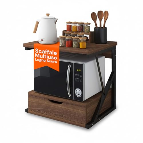 Avilia - Mobiletto Cucina Moderno per Microonde con Cassetto Salvaspazio e Mensola in Legno e Acciaio per Forno Microonde Friggitrice ad Aria e Scaffale Cucina (Nero)