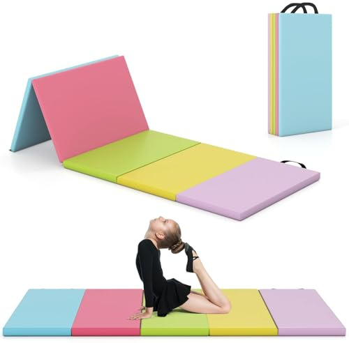 COSTWAY Gymnastikmatta, vikbar, 200 x 75 cm, mjuk golvmatta, gymnastikmatta, 5 gånger vikbar med bärhandtag och kardborreband, sportmatta, fitnessmatta hemma för barn och vuxna (makaron)