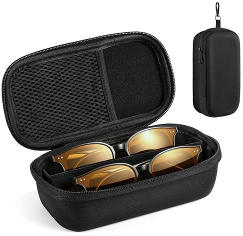 MoKo Étui à Lunettes Double, Coque Rigide avec Séparateur Réglable, Fermoir à Verrou et Poche Filet. Protège Lunettes de Lecture et Solaires, Portable pour Voyage, Noir