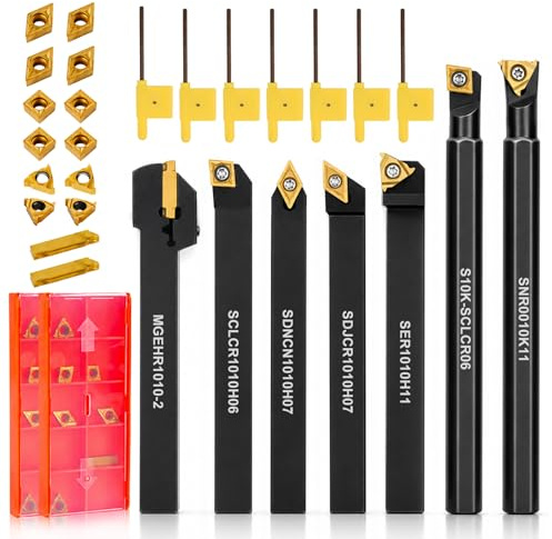 HZOUHONG svarvmejslar med hårdmetall vändskär Set, 28-delar svarvverktygshållare vändskär Set med 7 st 10x10 mm svarvstål borrstång, 14 st hårdmetallskär, 7 st skruvnycklar