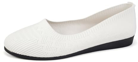 Women's Knitted Ballerina Slip On Shoes, Breathable Non Slip Summer Sporty Flat Trainers Comfort White