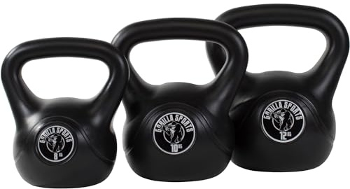 GORILLA SPORTS® Kettlebell - Singolo 2-20kg o Set da 17kg, 24kg, 30kg, 113kg, Rivestimento in Plastica, Nero - Peso Sfera, Manubri, Pesi con Maniglia, Ergonomica, Palestra, Fitness, Allenamento
