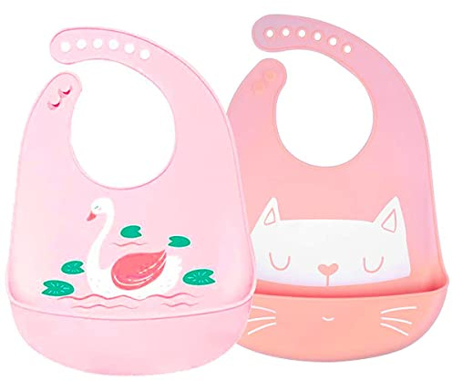SLOSH Baberos Bebé Impermeables Silicona Flexible Suave de 6 Meses a 6 Años Grande Ajustable para Niña Waterproof Rosa