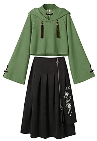 ORANDESIGNE Robe à Capuche pour Femme Robe Sweat Casual Chinoise Sweat Shirt à Capuche de Style Chinois et Jupe Broderie Cheongsam 2 Pièces Ensembles Mode Printemps Automne Hiver O Vert XXL