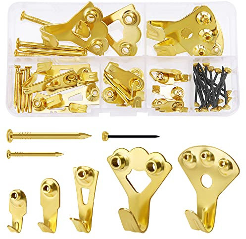 VooGenzek 44 Pezzi Kit di Ganci Cornice per Pareti Dure, Ganci in metallo per Quadri, Heavy Duty Immagine Ganci Assortimento Kit con Chiodi, per Appendere Quadri, Specchi