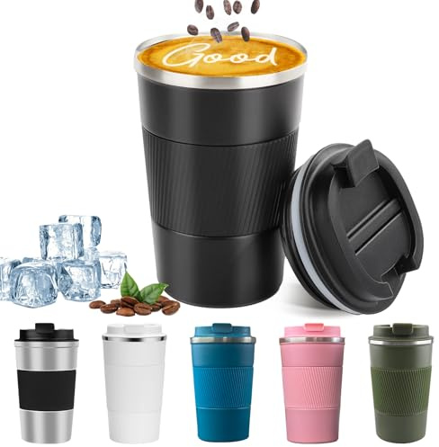 YINBAOGE Insulated Travel Coffee Mug, Spill & Leak Proof, Portable To Go Camping Stainless Steel Coffee Tumbler, Reusable Thermal Coffee Cup with Lid for Hot & Cold Drinks (Black, 12 OZ)