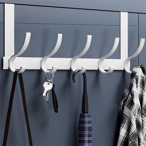 Gerhannery Over Door Hanger, Heavy Duty Door Hooks Over Door Hook, Rust Resistant Over Door Hangers, Space Saving Over Door Coat Hooks for Hanging Coat Towel Bag (White-5 Hooks)