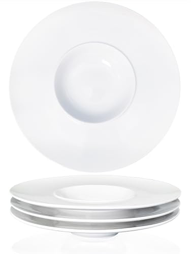 jinsongdafa Lot de 4 bols à soupe, assiettes creuses, assiettes à pâtes de 250 ml, assiettes plates blanches, bord en porcelaine, bols avec bord et bord, meilleur cadeau (26 cm)