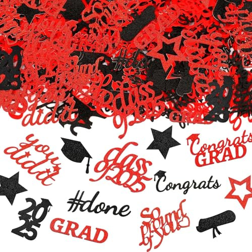 JULBEAR Graduation Confetti Double-Sided Glitter Decorations, 300Pcs Class of 2025 Graduation Confetti for Party Table Scatter Decorations, Congrats Grad 2025 Table Decor Party Favors(Red Black)