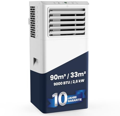 Newentor Klimaanlage Mobil 9000 BTU/2,6 kW, Mobile Klimaanlage mit Abluftschlauch, Mobiles Klimagerät für Räume bis 90m³/33㎡, Kühlen/Entfeuchten/Ventilieren mit Fernbedienung, 10 J. Gar.
