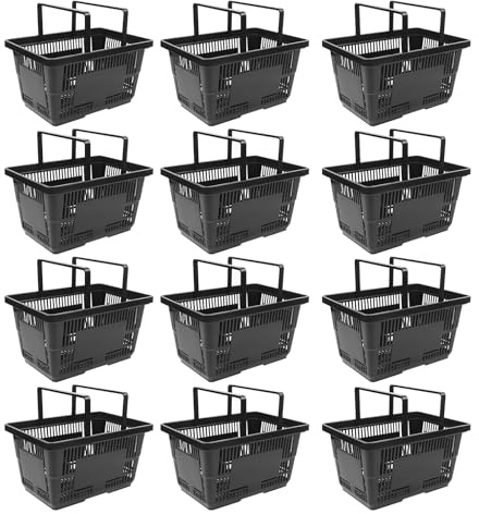 GCIUEMMH Plastic Shopping Baskets - 12PCS Shopping Baskets with Handles 28L Black Plastic Basket Collapsible Shopping Basket Durable Large Shopping Cart for Supermarket Grocery Shop Retail Store