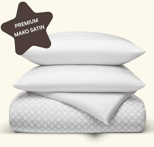 Amqua Ropa de cama de satén, 155 x 220 cm, color blanco con estampado, funda de almohada de 80 x 80 cm, ropa de cama de satén de 155 x 2200 cm, como ropa de cama de seda o algodón egipcio de 135 x 200
