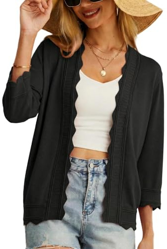 GRECERELLE Womens Summer Cardigan Button Down Long Sleeve Ladies Lightweight Soft Casual Shrugs Scalloped Edges Cardigans Summer Evening, Wedding (Black, M)
