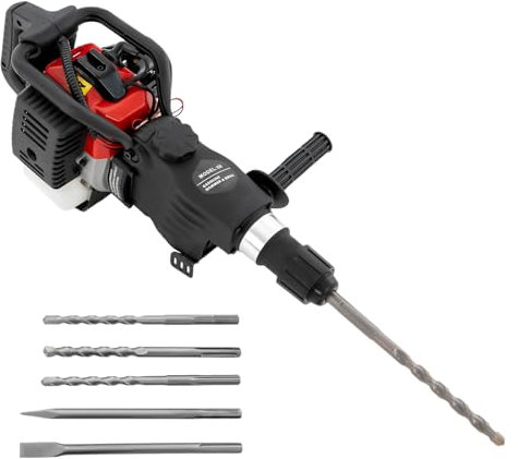 Fridgestea Martillo de demolición de gasolina de 2 tiempos, 33 CC, 1000 W, 3 en 1 (perforación de martillo/taladro/cincelado), martillo de hormigón con cincel puntiagudo y plano, 3 brocas