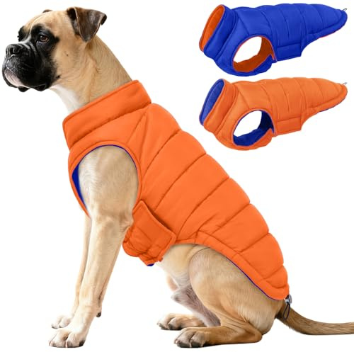 QBLEEV Reversible Dog Coat for Medium Dogs, Waterproof Windproof Winter Jacket Keeps Dogs Warm in Snow, Adjustable Hook & Loop Lightweight Dog Puffer Vest, Orange, L – Fits French Bulldog
