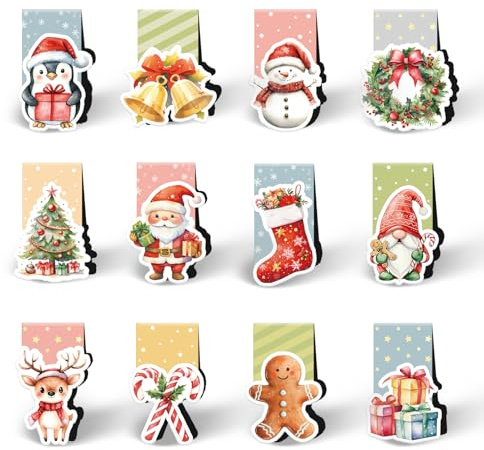 Pack of 12 Magnetic Bookmarks Christmas, Small Gifts for Advent Calendar Children, Santa Gifts Christmas Gifts for Children, Secret Santa Gift Party Bag Christmas Children