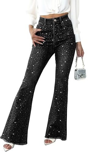 Fakanhui Jean évasé avec strass et perles pour femme