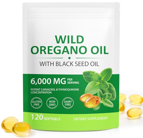 Aceite de orégano en cápsulas,2 en 1 aceite de orégano 6000 mg con aceite de comino negro 200 mg,antioxidante e soporte inmune | Suplemento de Defensa Natural