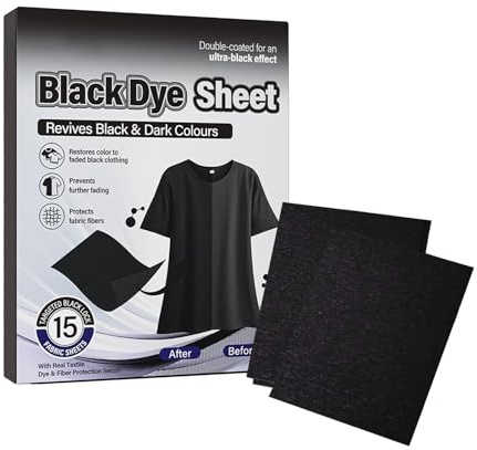 Lot de 15 teintures textiles noires profondes prêtes à l'emploi pour vêtements, tissus, teinture facile à laver, couleur liquide, poudre de fixation, feuilles de teinture noires, rafraîchissement des