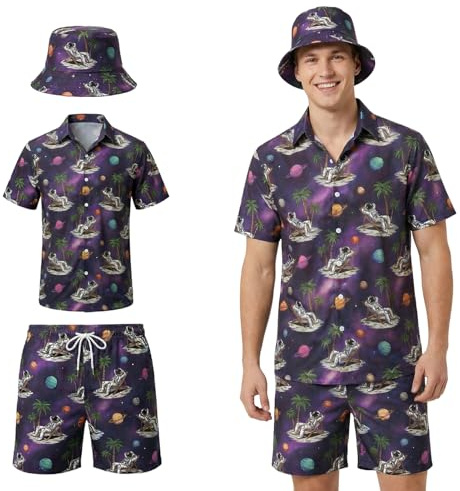 Joyesplay Camisa hawaiana para hombre, 3 piezas, traje hawaiano para hombre con camisa de flamenco, pantalones cortos, sombrero de pescador, camisas hawaianas para verano, playas, fiestas en la