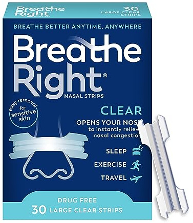 Breathe Right Nasal Strips, Clear Large Nose Strips, Snoring, Nasal Congestion, Deviated Septum, Allergies, 30 Ct (Packaging May Vary)