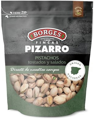 Borges - Pistachos Tostados y Salados Borges Fincas Pizarro - Alto contenido en vitamina B6 y E. Ricos en Magnesio, Hierro y Calcio - Frutos Secos Sin Gluten - Paquete de 130 gramos.