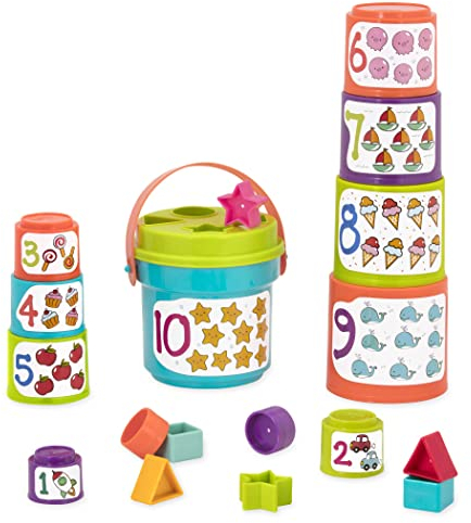 Battat – Stapelbecher zum Sortieren mit Zahlen, Formen, Eimer– Stapelturm Formensortierspiel und Stapeln für Kinder und Babys ab 18 Monaten (19 Teile), Blau