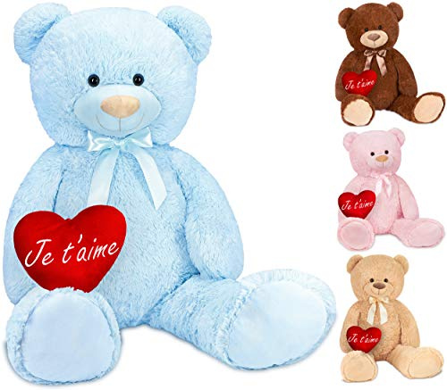 BRUBAKER XXL Teddybär 100 cm Hellblau mit einem Je T'Aime Herz Stofftier Plüschtier Kuscheltier