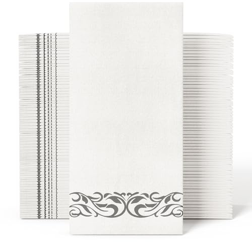 JOLLY CHEF 100 Disposable Hand Towels, Soft and Absorbent Linen Feel Dinner Napkin, Elegant Decorative Paper Guest Towels for Kitchen, Bathroom, Weddings, Parties, Silver and White