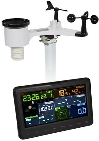 Perel Wetterstation mit Außensensor, Wetterstation Funk, Funkwetterstation groß, Wetterstation batteriebetrieben, WLAN, Wettervorhersage, Thermometer, Regen- und Windmesser, Farbdisplay