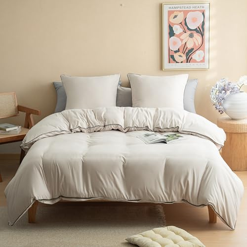 MOHAP Parure de Lit 4 Pièces Housse de Couette 220x240cm + Drap Housse 160x200cm avec 2 taies d'oreillers 65x65cm Beige pour 2 Personnes Parure 120 Fils/cm² en Microfibre