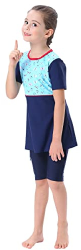 FYMNSI Niños Bebé Niña Musulmán Traje De Baño Modest Islámico De Cuerpo Completo Cubierta Manga Larga Top Pantalones Burkini Conjunto De Natación, Azul - Manga Corta, 9-10 Años