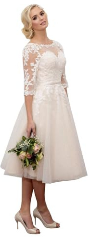 Beyonddress Damen Spitze Brautkleider Kurz Hochzeitskleid Appliques Standesamt Brautmode Brautkleider(Elfenbein)