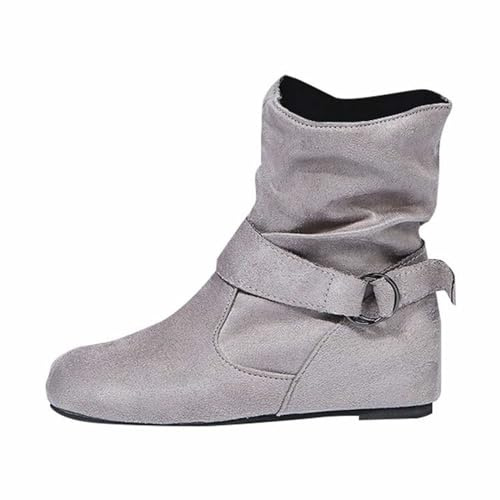 UK 7.5 Women's Slouchy Boots with No Heels Round Toe Slouchy Flat Ankle Boots Side Zipper Slouch Flat Booties #1_Grey Clearance