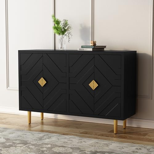 HOLTICO Kommode Sideboard mit 4 Türen, Küchenschrank, Aufbewahrungsschrank Schrank für Wohnzimmer, Küche, Schlafzimmer-Schwarz