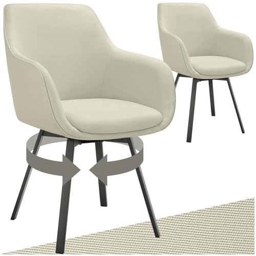 tectake® Silla Giratoria con Reposabrazos, Tapizada y con Acolchado de Alta Densidad, Patas de Acero 360°, Antideslizante, Montaje Rápido, Ideal para Comedor, Cocina y Dormitorio - 2 Sillas Beige