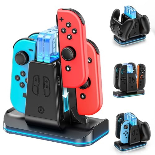 6 in 1 Caricatore per Switch 2/Original/OLED Joy-con e Pro Controller, Base Ricarica per Switch con 9 Modalità RGB, Stazione di Ricarica Joy-con 2025 Switch Supporta 4 Joy-cons/2 Pro Controllers