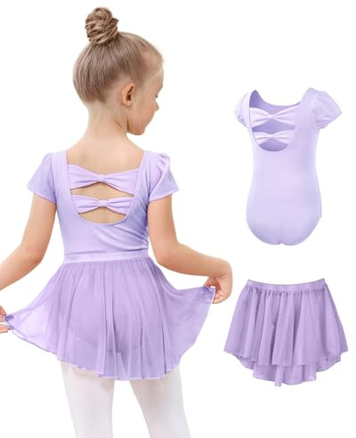 JiAmy Girls Ballet Leotards, Short Sleeved Ballet Dress with Removable Dance Skirt, Kid Children Toddler Ballerina Costume Hollow Back Dance Dress Dancewear for 2-11 Years Purple